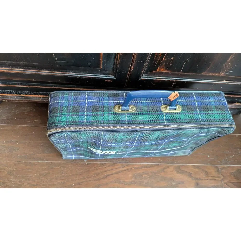 Vtg UTA French Airlines Cabin Suitcase Tartan Plaid Carry On Bag Small 1950s